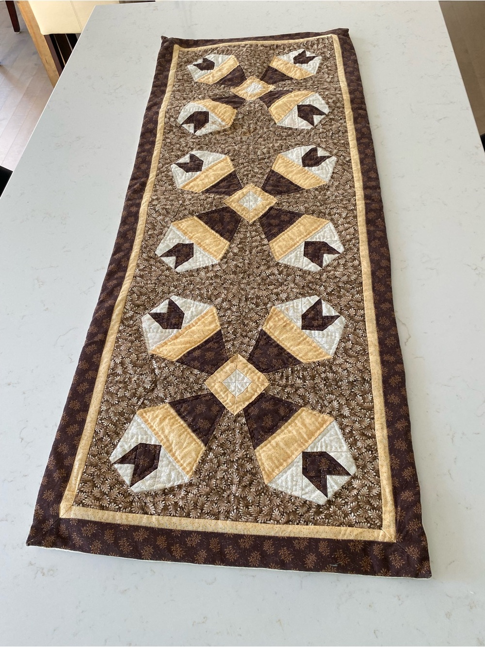 Handmade Brown & Cream Quilted Table Runner with Gold Accents